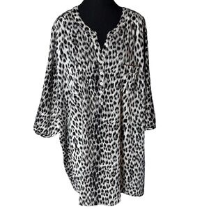 PENNINGTONS Black Grey Leopard Print Tunic Top Blouse Lightweight V Neck Size 5X